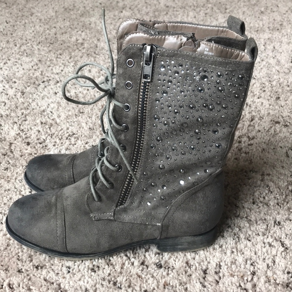 Gray suede combat boots